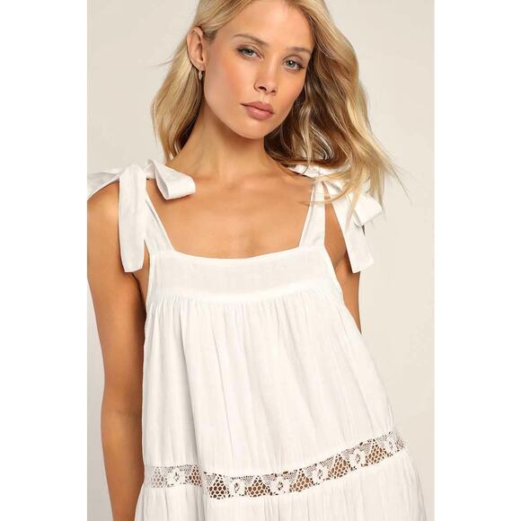 LULUS NEW Angelic Essence White Lace Jacquard Tie-Strap Tiered White Dress – Med - Picture 2 of 8